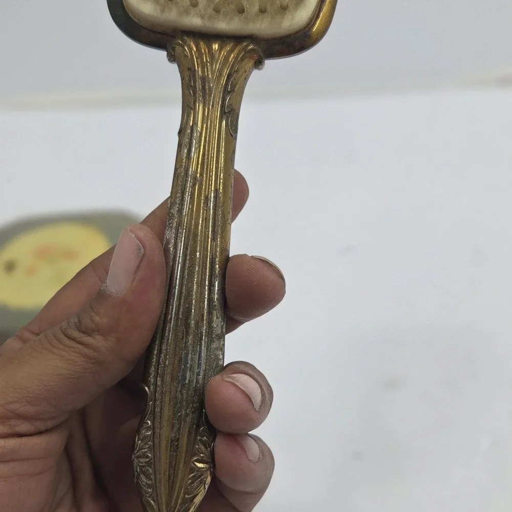 Vintage‎ Antique Celluloid Dresser Set Hand Mirror Hair Brush Floral Vanity 2 Pc